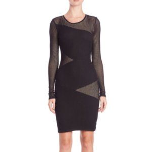 BCBGMaxazria Tanya Long Sleeve Fishnet Cutout Fitted Dress Nude/Black XXS